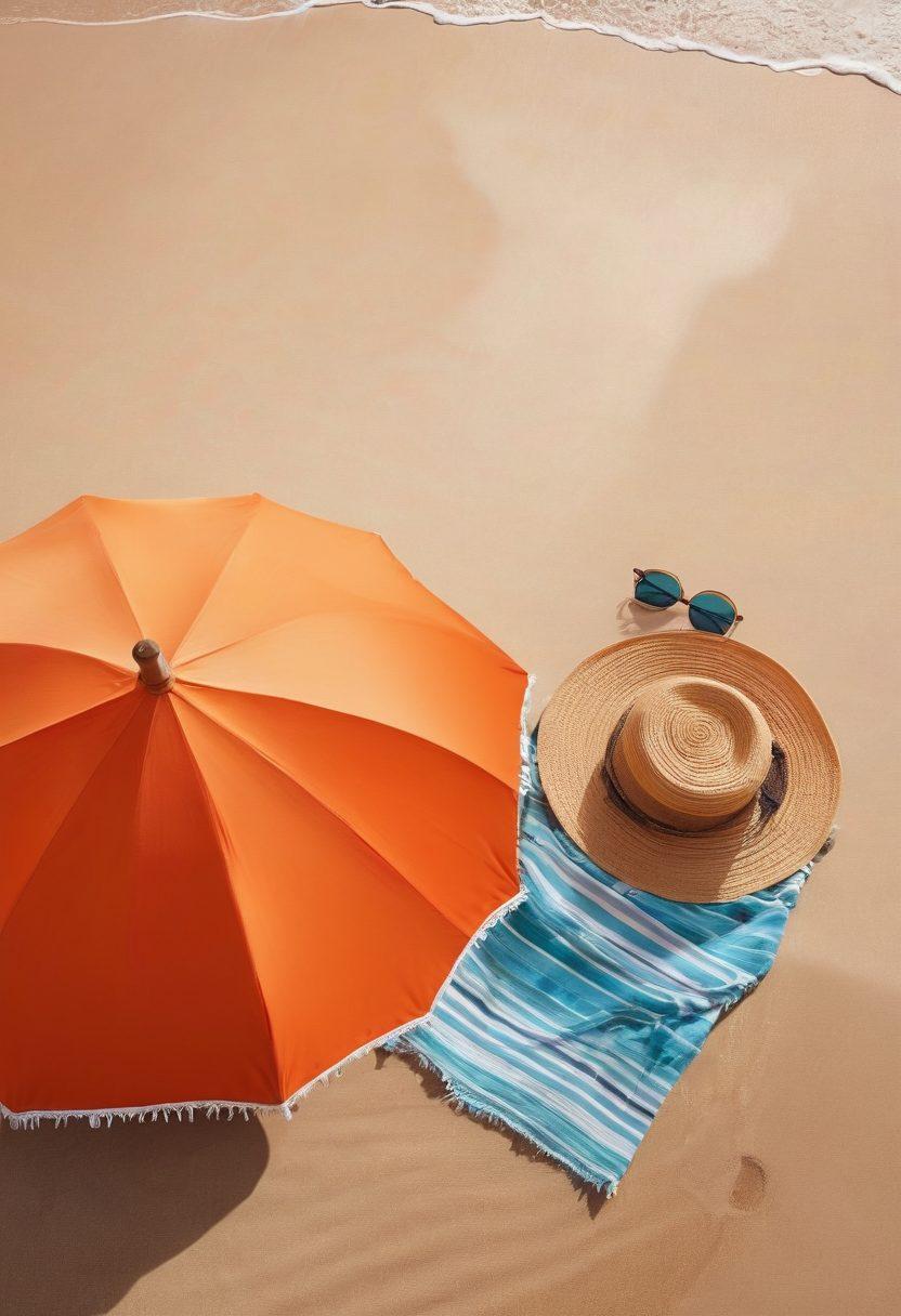 An elegant beach scene showcasing a variety of chic swimwear styles hanging on a colorful beach umbrella, with sun-kissed sand and vibrant ocean waves in the background. Include stylish beach accessories like sunglasses, a wide-brimmed hat, and beach towels casually laid out. Bright, summery colors should dominate the composition, capturing the essence of fashion and relaxation. digital painting. vibrant colors. soft focus.